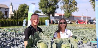 Nawożenie kapusty przy tablicy. Program Yara na poletkach w Charsznicy Klaudia Zamkowska (Yara Poland) i Paweł Glanowski (Bejo)